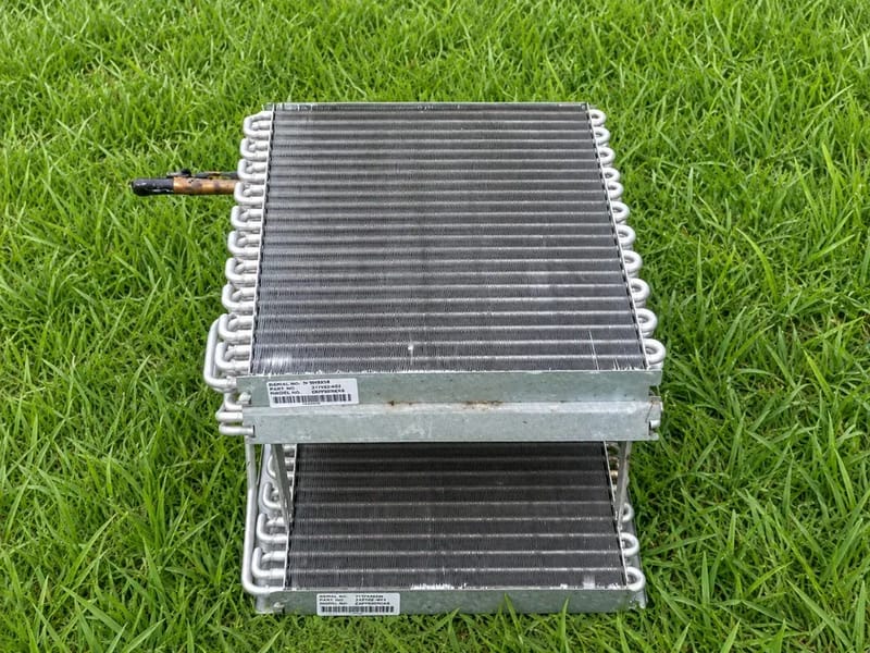 A clean evaporator coil after an S&S cleaning, set on the grass